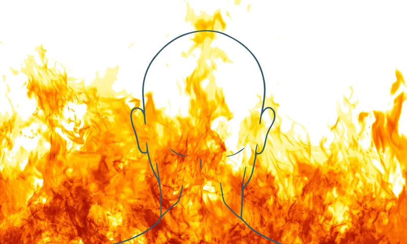 the outline of a person's head and neck overlaid on a large flame