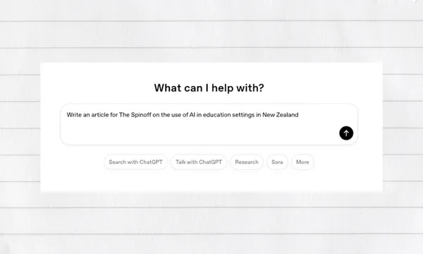 a screenshot of a ChatGPT interface with the prompt "Write an article for The Spinoff on AI use in education settings in New Zealand"