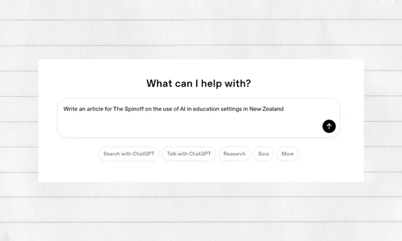 a screenshot of a ChatGPT interface with the prompt "Write an article for The Spinoff on AI use in education settings in New Zealand"