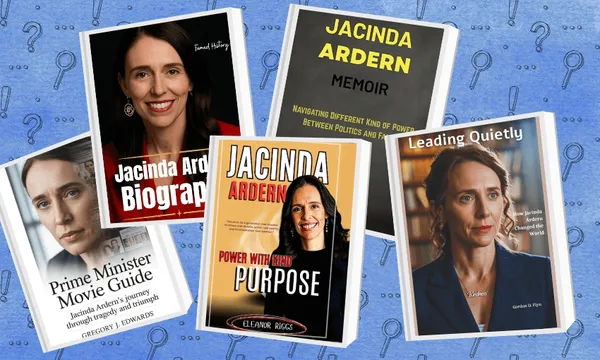A collage of five book covers about Jacinda Ardern, including biographies, a memoir, and guides, all featuring her photo and name prominently on each cover, set against a blue background with question marks.
