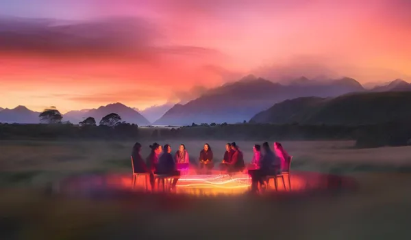 A group of people sit in a circle on chairs outdoors at sunset, surrounded by glowing light patterns, with mountains and a colourful sky in the background.