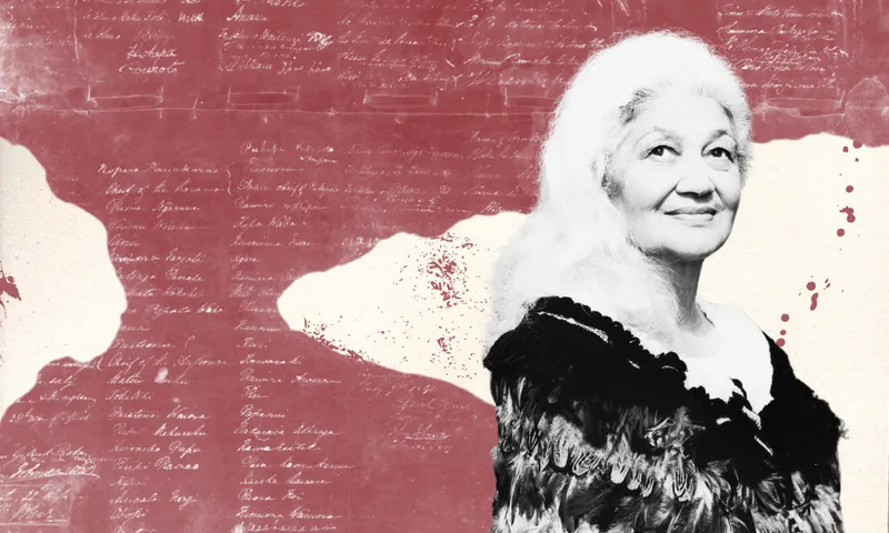 A grayscale portrait of an older woman with long white hair, wearing a feathered cloak, is set against a red and cream artistic background with handwritten text overlayed.