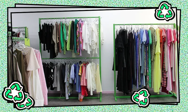 green metal clothing racks full of dresses and shirts in a variety of colours