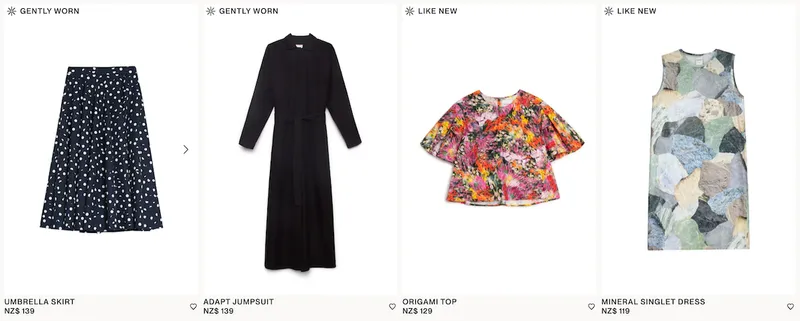 screenshot of four clothing items for sale on a website
