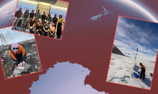 Collage showing a group of researchers, a person examining rocks near ice, and two people working with equipment on a snowy landscape, all overlaid on a map of Antarctica and the surrounding region.