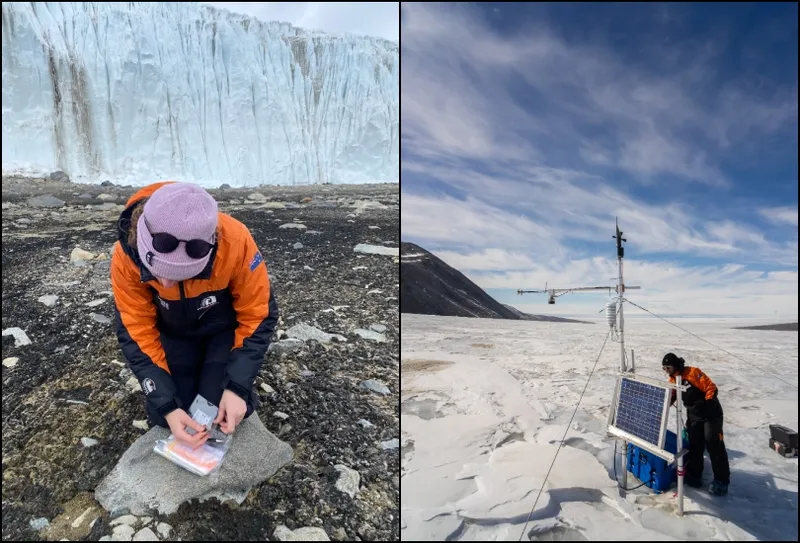 Split image: Left, a person in winter gear kneels on rocky ground near a glacier, handling samples. Right, another person in similar gear works on scientific equipment with solar panels on an icy, snowy landscape under a blue sky.