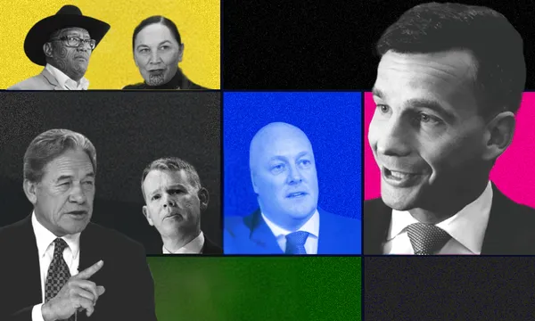 A collage of six people, each in different colored sections: two older individuals at the top left, three men in suits at the bottom left and center, and one man in a suit on the right, each section with a bold colored background.