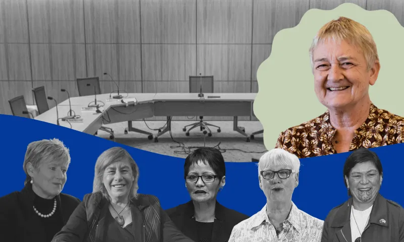 A collage showing an empty conference table in grayscale, with five women in the foreground, mostly in black and white, and one woman in color, smiling against a light green background.
