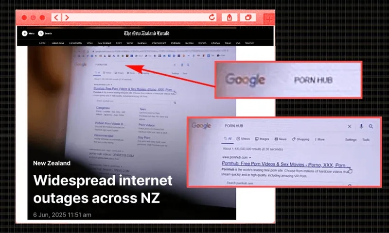 A screenshot of a news article about internet outages in New Zealand, with zoomed-in sections highlighting a Google search for "PORN HUB" and explicit website results on the search page.