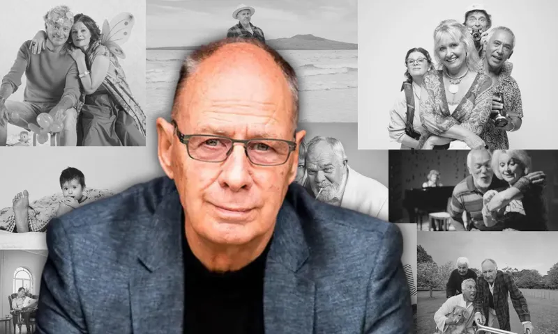 An older man in glasses and a blazer is in the foreground, with black-and-white photos of joyful older adults and families on various theatre posters behind him.