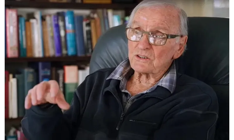 An elderly man is sitting in an armchair, talking.