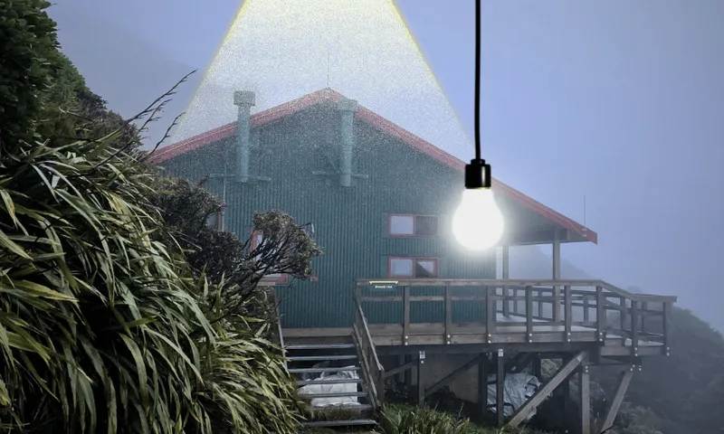 A green backcountry hut set against the side of a mountain on a foggy night. An electric lightbulb hangs down from the top of the frame