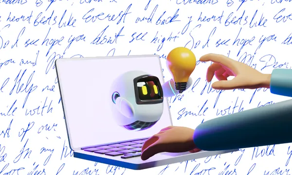 There is blue handwriting in the background. On top of that there's a laptop with a robot reaching out and handing a person an idea.
