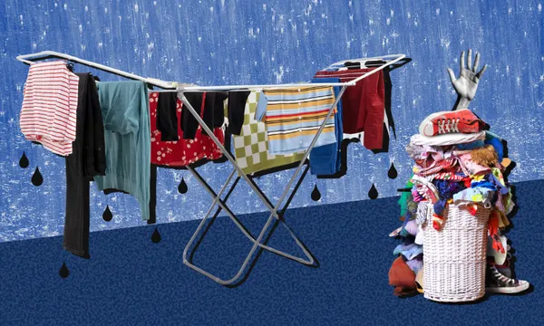 collaged image of a clothes rack with washing on it and a basket overflowing with washing