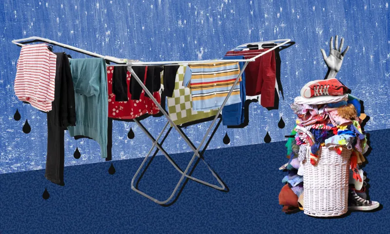 collaged image of a clothes rack with washing on it and a basket overflowing with washing
