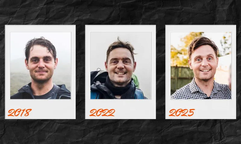 Three polaroid-style photos of the same man from different years: 2018, 2022, and 2025. Each photo shows him smiling, with subtle changes in hairstyle and background. The years are handwritten below each photo.
