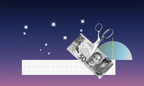 A pair of scissors cutting a $50 bill against a gradient background with stars, a semi-circle, and a grid, symbolizing financial reduction or budget cuts.