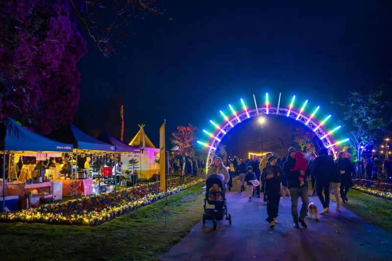 people in a park at night with many lights