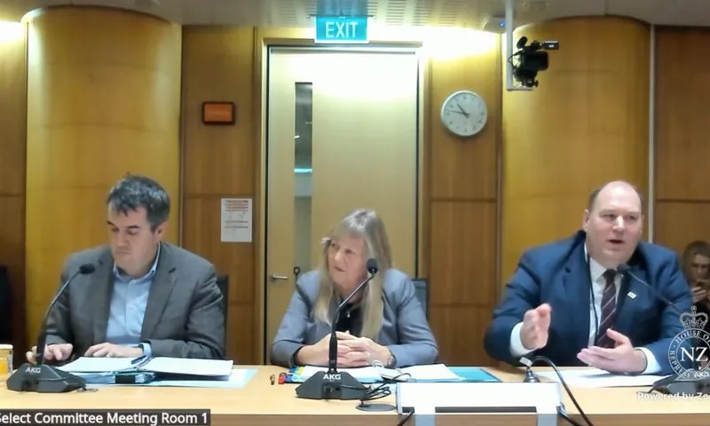RMA minister Chris Bishop, environment minister Penny Simmonds and biosecurity minister Andrew Hoggard answer questions in Bowen House's Room 1.