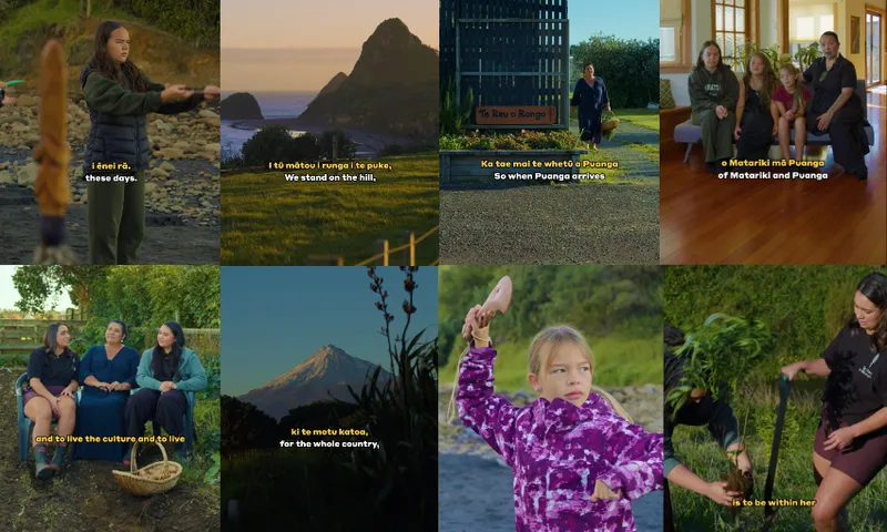 A collage of scenes showing Māori women and girls in nature and at home, gathering food, talking, and holding cultural items, with bilingual English and Māori captions about tradition, culture, and family.