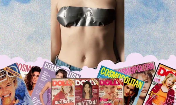 A person (Lorde) with duct tape covering their chest is shown above a row of Dolly and Cosmo covers, arranged at the bottom against a pastel, cloud-like background.