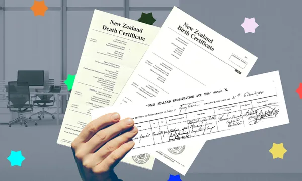 a hand holding three certificates (birth, marriage and death) on a grey background