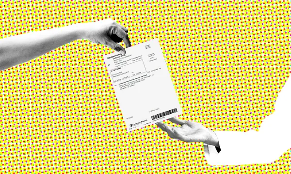 A black-and-white image of one hand passing a prescription or document to another hand, set against a bright yellow and red dotted background.