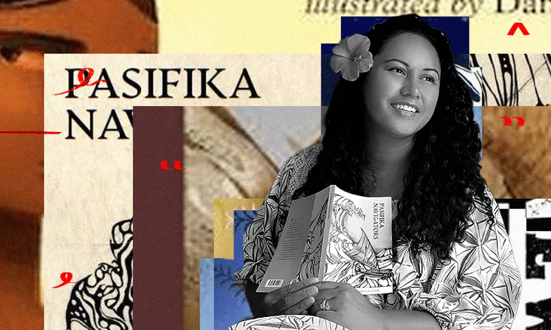A black and white photograph of a Pasifika woman with a collage of book covers behind her.
