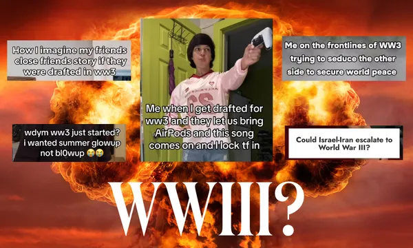 A dramatic fiery explosion forms the background. Overlaid are humorous memes and captions about World War III, including joking concerns about fashion and technology if drafted, and references to current world events. “WWIII?” is boldly written at the bottom.