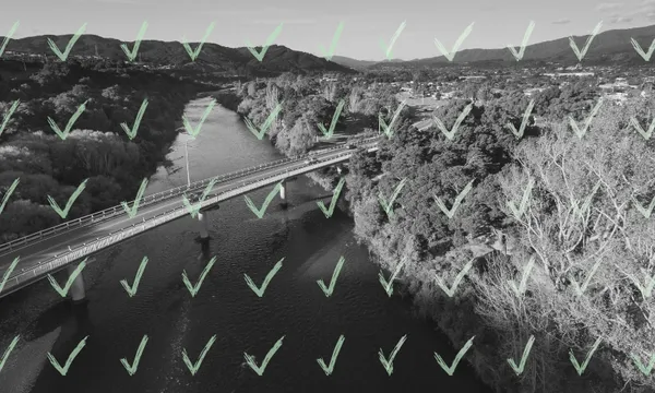 A black and white aerial view of a river and bridge surrounded by trees, with a grid of translucent green check marks overlaying the entire image.