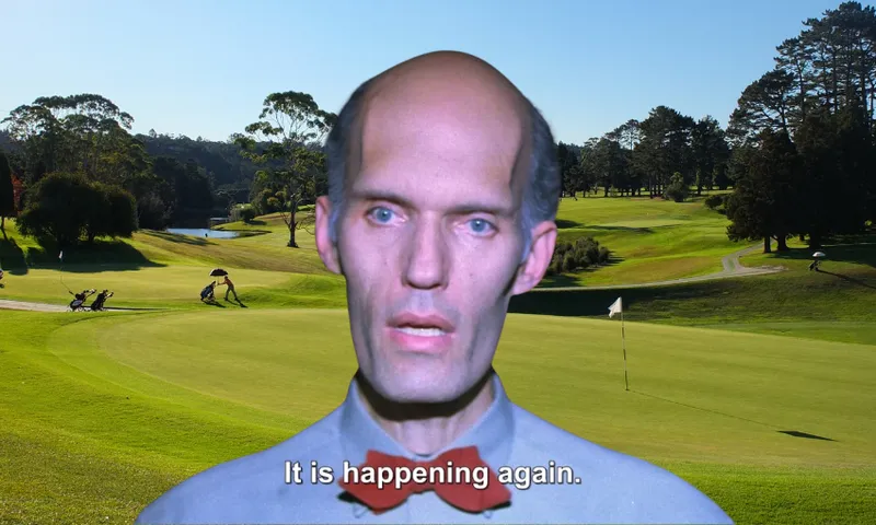 A man with a serious expression stands in front of a green golf course. He is bald, wears a red bow tie, and the caption reads: "It is happening again.