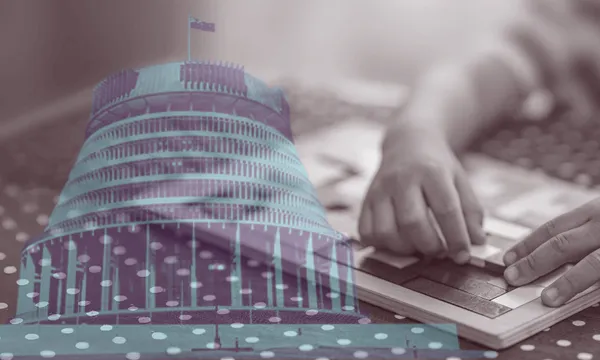 A child's hands arrange tiles on a puzzle, overlaid with a translucent image of a circular government building under a dotted pattern, blending themes of learning and governance.