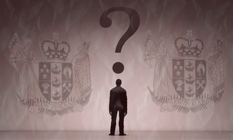 A silhouetted person stands facing two versions of the New Zealand coat of arms, with a large question mark above, suggesting a choice or uncertainty about national identity.