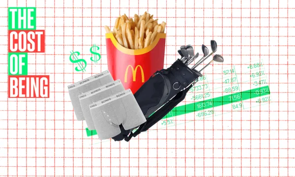 A collage with graph paper background features McDonald's fries, a golf bag with clubs, socks, dollar signs, and spreadsheets. Text on the left reads "THE COST OF BEING" in bold colors.