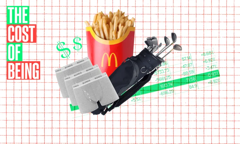 A collage with graph paper background features McDonald's fries, a golf bag with clubs, socks, dollar signs, and spreadsheets. Text on the left reads "THE COST OF BEING" in bold colors.