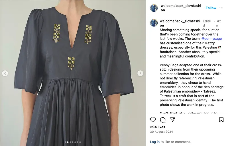 An Instagram post of a black dress with delicate gold embroidery