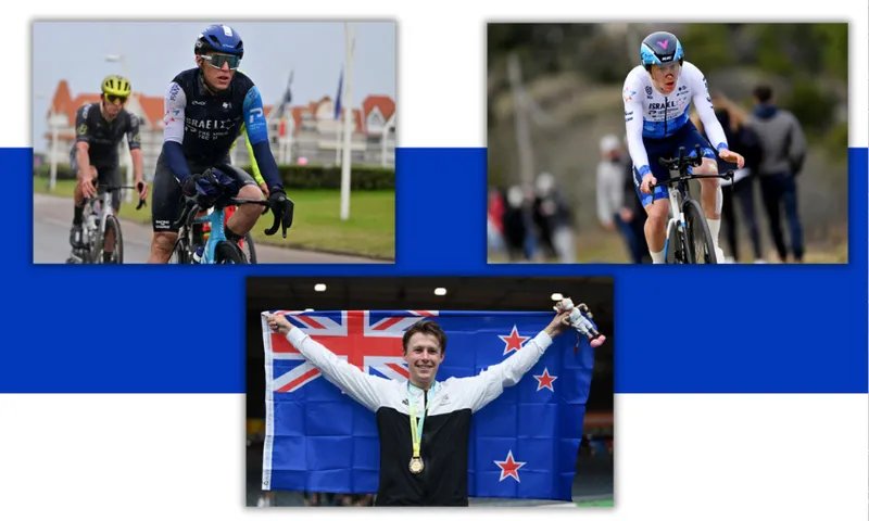 Three images: top left, a cyclist in blue racing outdoors; top right, a cyclist in white and blue pedaling hard; bottom center, an athlete smiling and holding a New Zealand flag and medal, celebrating victory.