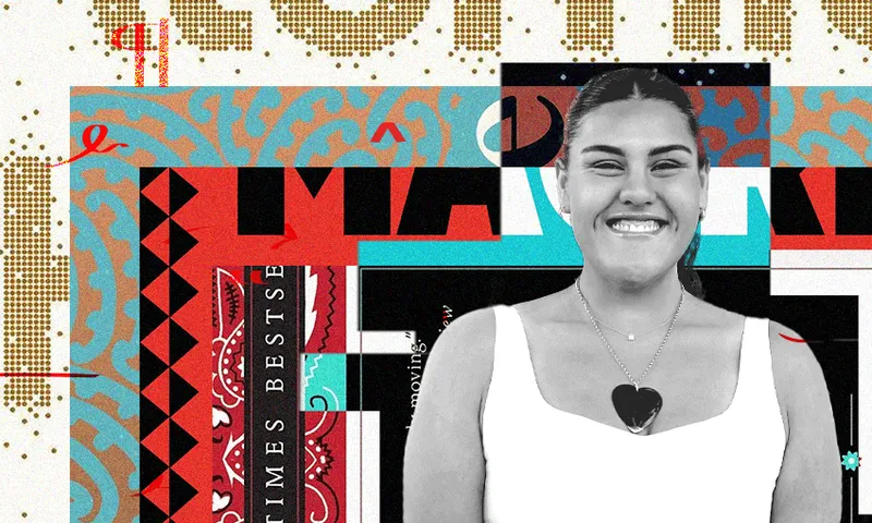 Photo of a young Māori woman smilling with a collage of books behind her.