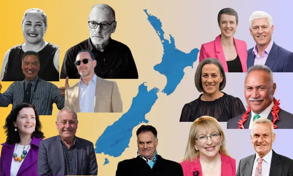 A collage of thirteen people, both men and women, arranged around a blue map of New Zealand on a yellow-to-purple gradient background. The individuals are of varying ages and appear in both colour and black-and-white.