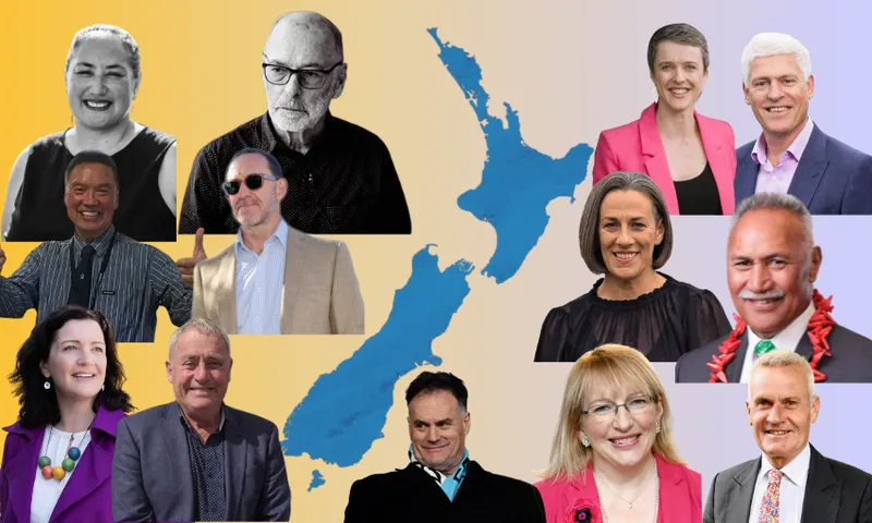 A collage of thirteen people, both men and women, arranged around a blue map of New Zealand on a yellow-to-purple gradient background. The individuals are of varying ages and appear in both colour and black-and-white.