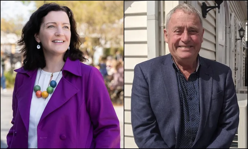 Two people are shown side by side. On the left, a woman with dark hair wears a purple coat and colorful necklace, smiling outdoors. On the right, a man with gray hair in a blue blazer stands smiling by a white wooden building.