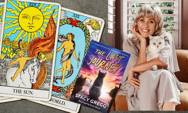 Tarot cards and a photo of author Stacy Gregg with her cat.