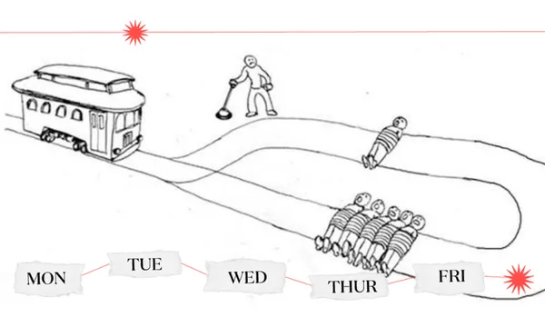 illustration of "the trolley problem" showing a trap and two options of one person vs five people