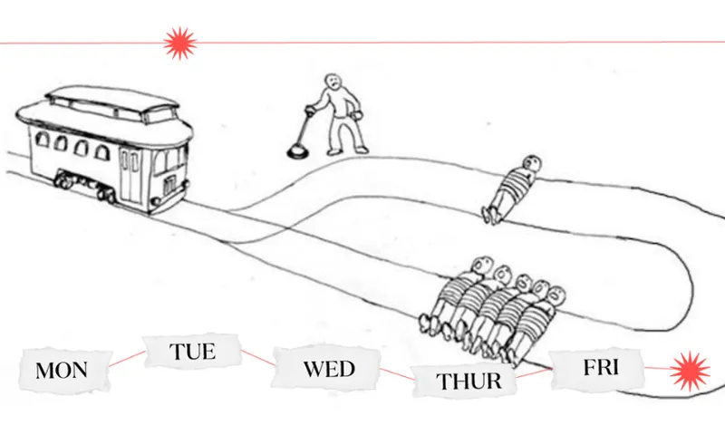 illustration of "the trolley problem" showing a trap and two options of one person vs five people