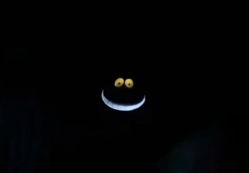 A black image with the cartoon glowing eyes and teeth of a cheshire cat