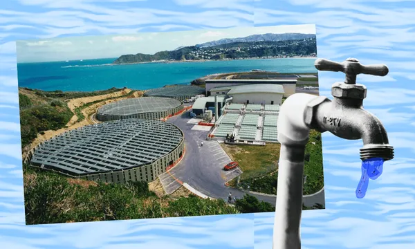 A collage of a water treatment plant near the coast and a close-up of a metal faucet with a single blue drop of water, set against a wavy blue background.