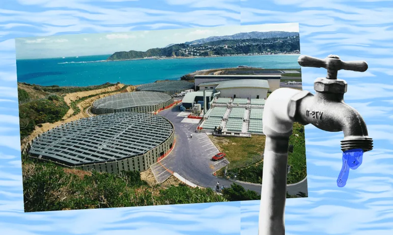 A collage of a water treatment plant near the coast and a close-up of a metal faucet with a single blue drop of water, set against a wavy blue background.
