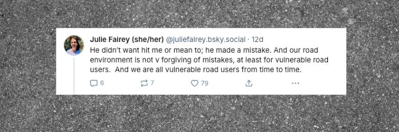 Julie Fairey social media post explaining that it was an accident and a mistake from the car driver