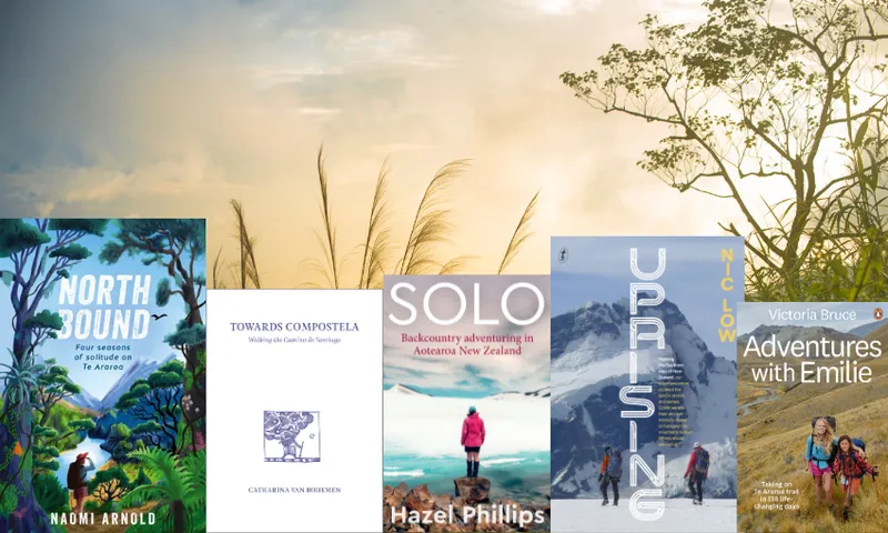Five book covers all about long walks in NZ nature; with scene of nature in twilight behind them.