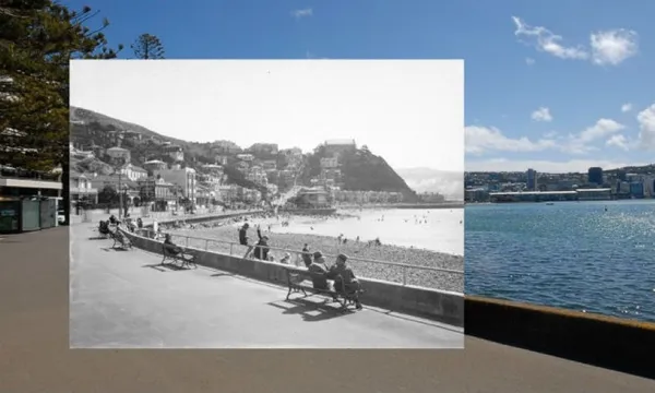 A modern-day color photo of a waterfront promenade with a superimposed black-and-white historic photo of the same location, showing how the area looked in the past compared to now.